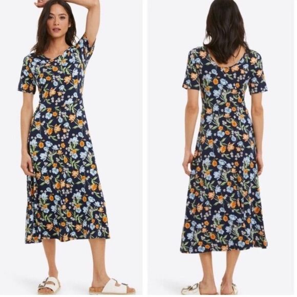 Draper James Tammy T Shirt Dress in Navy Floral A-Line Midi Dress Size M - Picture 1 of 6
